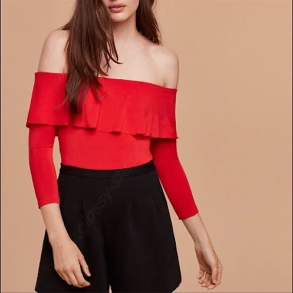 Aritzia Wilfred Black Off the Shoulder Ruffle Thong Bodysuit size Small - Picture 1 of 12